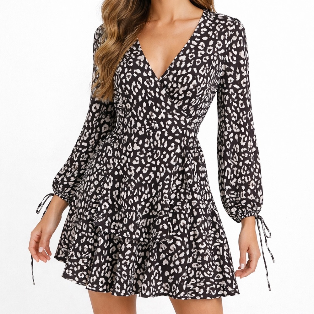 Boohoo Black and White Cheetah Print Sleeved Ruffle Dress